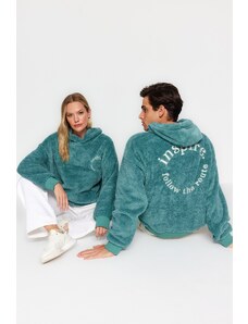 Trendyol Mint Oversize/Wide Cut Hooded Long Sleeve Text Embroidery Plush Sweatshirt