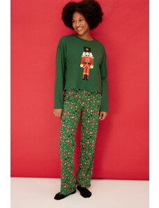 Trendyol Collection Zelená 100% bavlna pletená pyžamová súprava s vianočným motívom