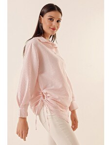 By Saygı Longitudinal Stripe with Drawstrings at the side seersucker Tunic Shirt Pink