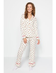 Trendyol Beige 100% Cotton Heart Patterned Shirt-Pants and Knitted Pajamas Set