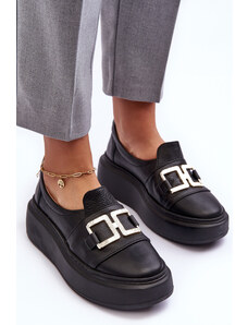 Lewski Shoes Čierne kožené dámske poltopánky Lewski na hrubej platforme