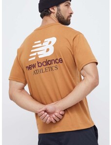 Bavlnené tričko New Balance pánsky, hnedá farba, s potlačou