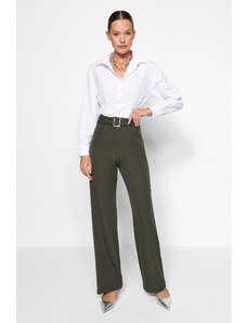 Trendyol Collection Tmavé khaki opaskové tkané nohavice rovného strihu