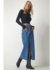 Happiness İstanbul Women's Blue Slit and Tasseled Denim Skirt