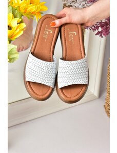 Fox Shoes White Genuine Leather Women's Thick Banded Knitted Model Daily Slippers