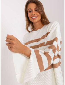 MISS FRA Bielo-hnedý pruhovaný sveter s rozšírenými rukávmi s výrezom