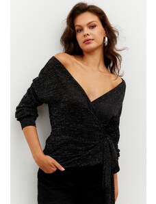Cool & Sexy Women's Black Glittery Double Breasted Blouse