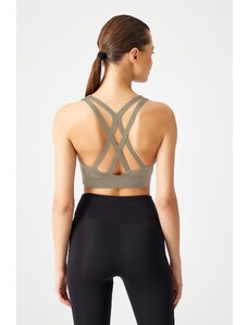 LOS OJOS Khaki Support Back Detailed Covered Sports Bra