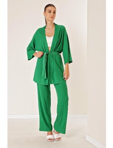 By Saygı Crescent Pants Kimono Set With Pockets Green