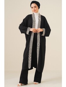Bigdart 5865 Embroidered Knitted Long Kimono - Black
