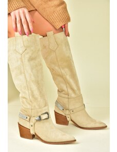Fox Shoes Beige Suede Low Heeled Cowboy Model Boots