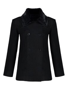Trendyol čierny kožušinový golier detailný vlnený kabát