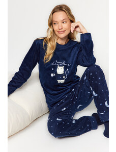 Trendyol Navy Blue Cat zamatové tričkové nohavice a pletené pyžamá s potlačou
