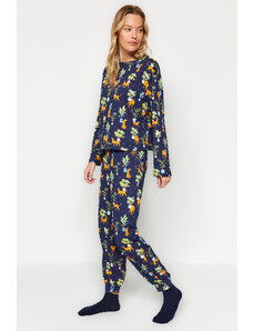 Trendyol Indigo 100% Cotton Tshirt-Jogger Knitted Pajamas Set