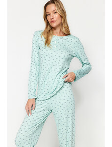 Trendyol Mint Bavlnené srdce vzorované tričko-nohavice Pletené pyžamo