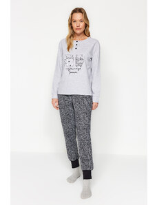 Trendyol Gray Cotton Slogan Detailed Tshirt-Jogger Knitted Pajamas Set