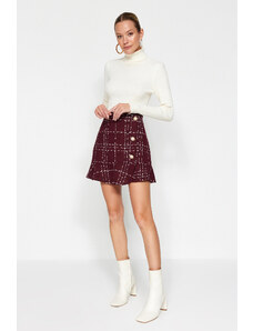 Trendyol Claret Red with Buttons and Tweed Fabric Hem with Ruffles, Mini Woven Skirt