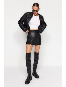 Trendyol Black Double Slit Woven Faux Leather Short Skirt