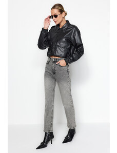 Trendyol Collection Šedé pohodlné rovné džínsy s vysokým pásom