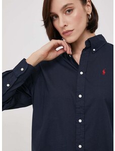 Bavlnená košeľa Polo Ralph Lauren dámska,tmavomodrá farba,voľný strih,s klasickým golierom,211916277