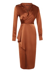 Trendyol hnedé zabalené tkané saténové elegantné večerné šaty
