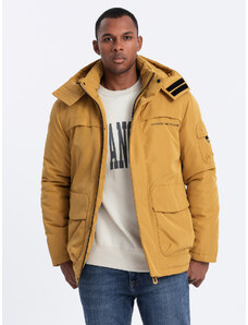 Ombre Clothing Pánska zateplená bunda s kapucňou - horčicová V2 OM-JAHP-0128