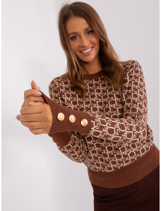 WOOL FASHION ITALIA Luxusný vzorovaný hnedý sveter s gombíkmi na rukávoch