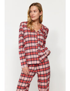 Trendyol Red 100% Cotton Plaid/Checked Shirt-Pants Knitted Pajama Set