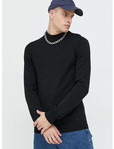 Vlnený sveter HUGO pánsky, čierna farba, tenký,