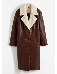 bonprix Vatovaný, koženkový kabát s kožušinovým golierom, farba hnedá, rozm. 56