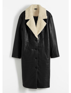 bonprix Vatovaný, koženkový kabát s kožušinovým golierom, farba čierna