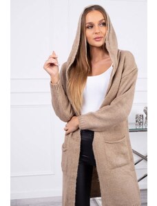 MladaModa Kardigánový sveter s kapucňou a vreckami model 2020-10 farba camel