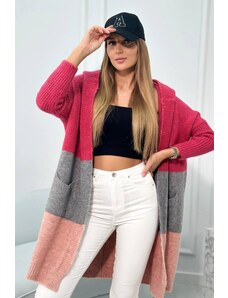 MladaModa Trojfarebný kardigánový sveter s kapucňou fuksiový+šedý+pudrovo ružový