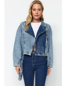 Trendyol Blue Zipper Detailná motorkárska džínsová bunda