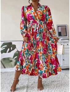 venusamoda Košeľové šaty s plisovanou sukňou pestrofarebné