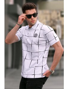 Madmext White Patterned Polo Neck T-Shirt 5887