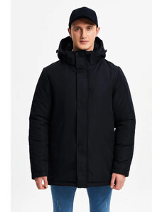 D1fference Pánsky čierny podšitý zimný kabát & kabát & parka, vodeodolný a vetruodolný s odnímateľnou kapucňou.