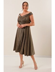 By Saygı Double Madonna Collar with a slit in the front and Lined, Silvery Plus Size Dress Gold.