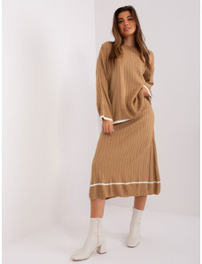 Fashionhunters Camel ribbed knitted set with skirt