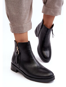 Basic Čierne dámske členkové kožené topánky na plochých podpätkoch s ozdobným zipsom