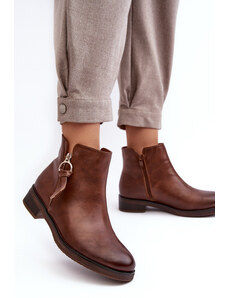 Basic Hnedé dámske členkové kožené topánky na plochých podpätkoch s ozdobným zipsom