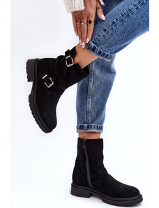 Basic Semišové čierne dámske členkové topánky na plochých podpätkoch s prackami