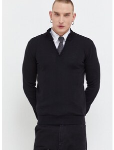 Vlnený sveter HUGO pánsky, čierna farba, tenký, s polorolákom