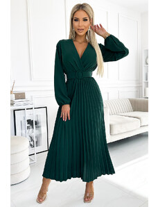 numoco basic Pleated midi dress with neckline, long sleeves and wide belt Numoco