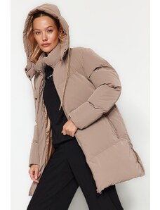Trendyol béžová oversize nepremokavá páperová bunda s kapucňou