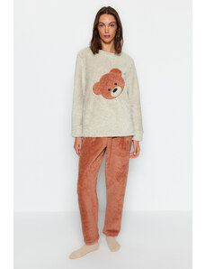 Trendyol Ecru Wellsoft Teddy Bear Tshirt-Pants Knitted Pajama Set