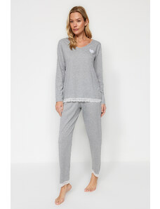 Trendyol Grey Heart Vyšívané čipky detailné bavlnené tričko-nohavice Pletené pyžamo