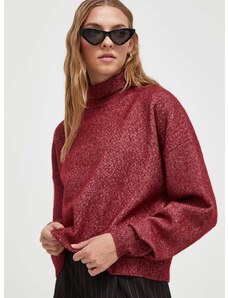 Vlnený sveter HUGO dámsky, bordová farba, tenký, s rolákom