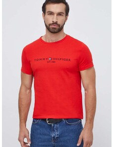 Bavlnené tričko Tommy Hilfiger pánsky,červená farba,s nášivkou,MW0MW11797