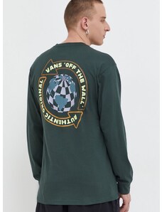 Bavlnené tričko s dlhým rukávom Vans zelená farba, s potlačou